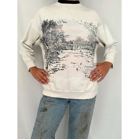 90s vintage white snowy winter holiday graphic collared cotton pullover sweater - Picture 4 of 10